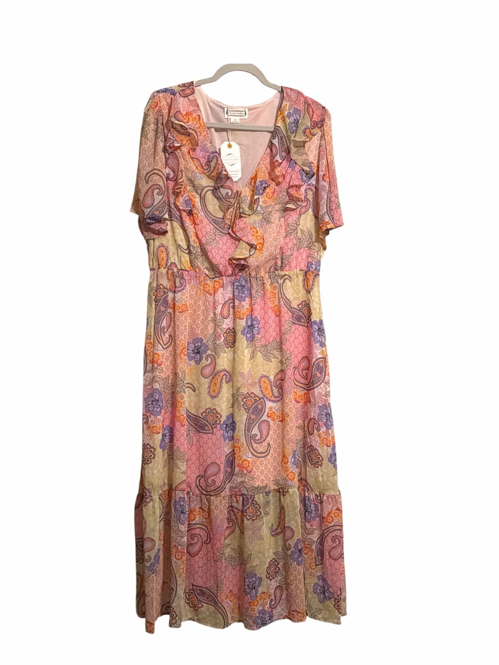 NWT Loveriche Pink Paisley Ruffle V-Neck Tiered Maxi Dress 1X